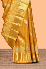 Yellow floral vine zari design swayamvara pattu saree with self zari border and matching blouse