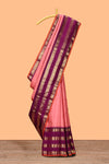 Pink floral motifs zari design swayamvara pattu saree with contrast zari border and blouse