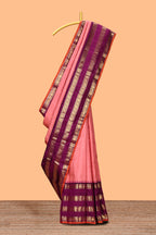 Pink floral motifs zari design swayamvara pattu saree with contrast zari border and blouse