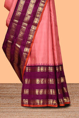Pink floral motifs zari design swayamvara pattu saree with contrast zari border and blouse