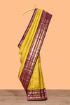 Yellow checked zari design swayamvara pattu saree with contrast zari border and blouse