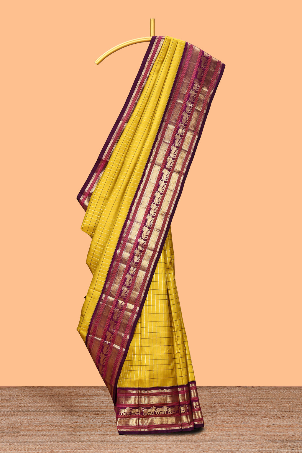 Yellow checked zari design swayamvara pattu saree with contrast zari border and blouse