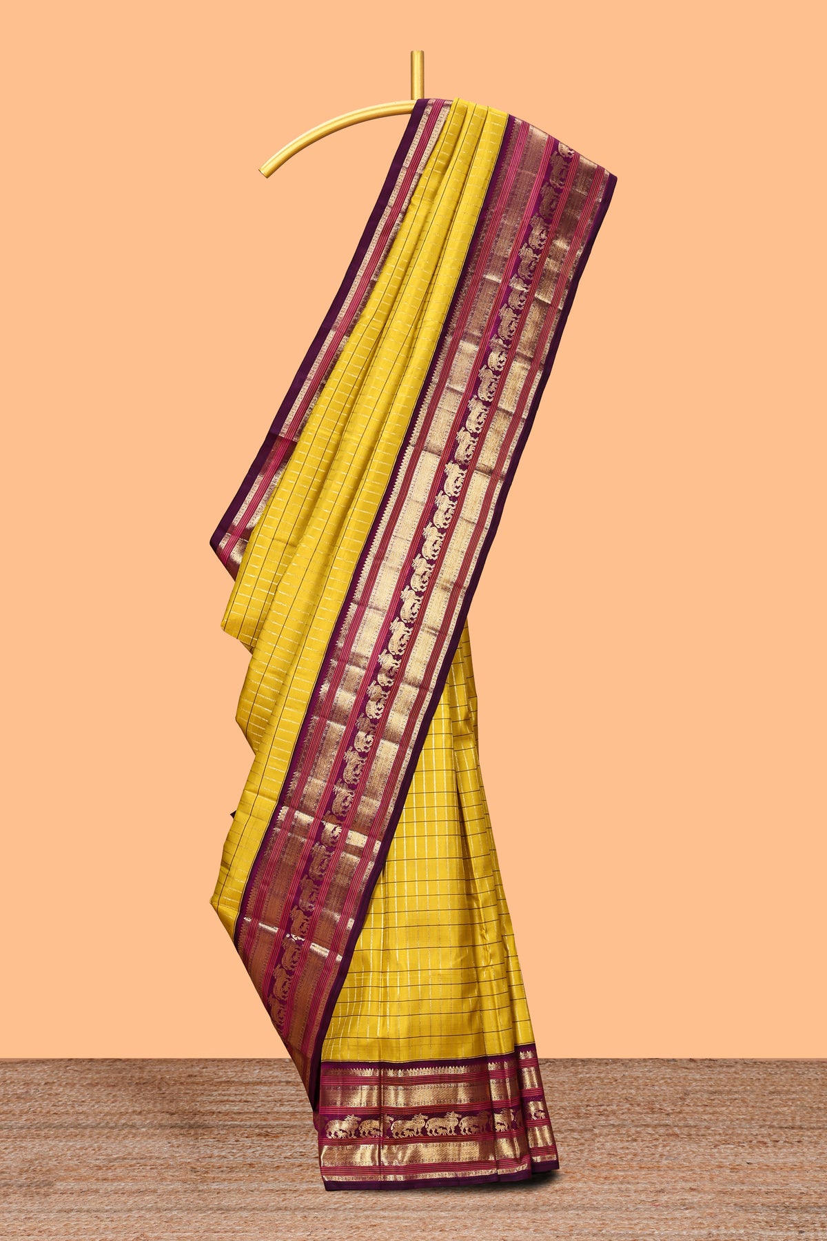 Yellow checked zari design swayamvara pattu saree with contrast zari border and blouse