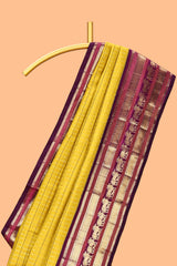 Yellow checked zari design swayamvara pattu saree with contrast zari border and blouse