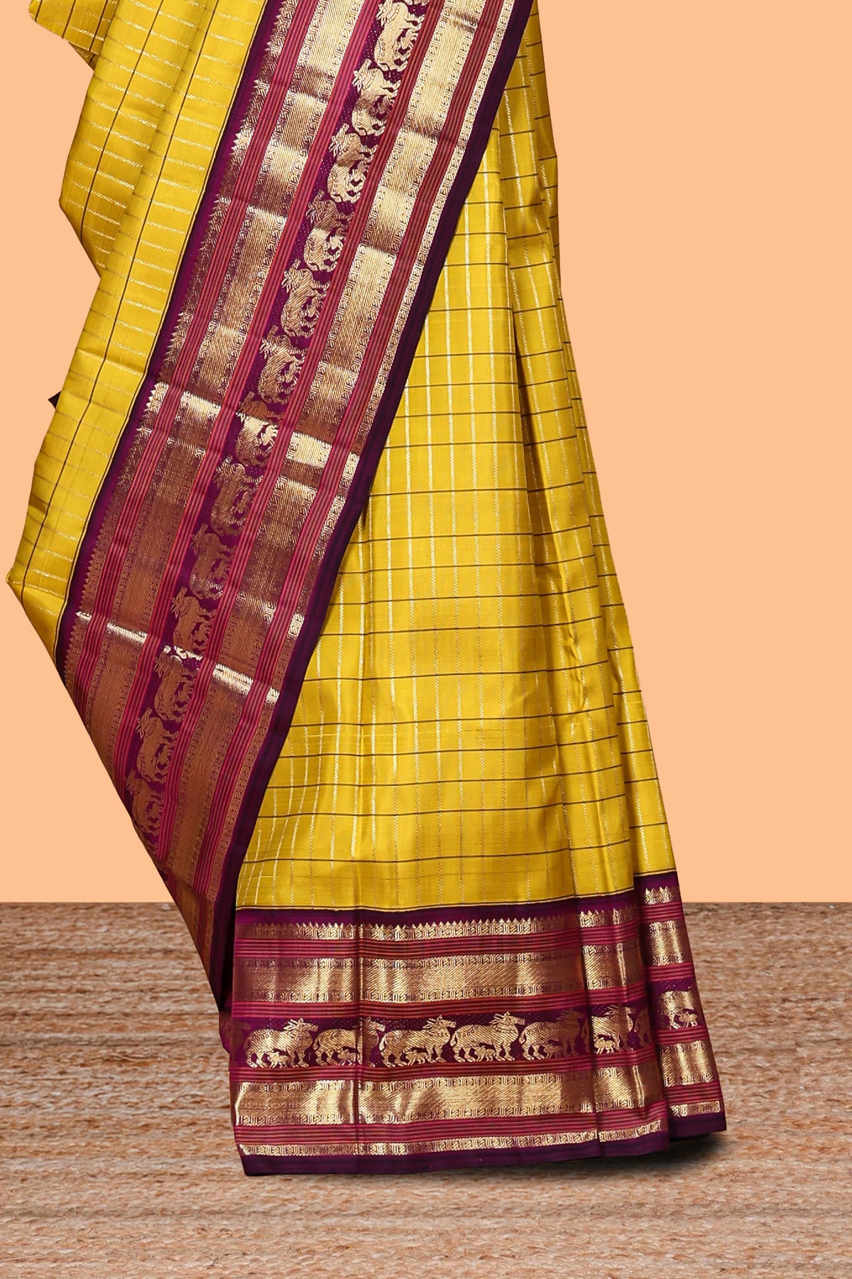 Yellow checked zari design swayamvara pattu saree with contrast zari border and blouse