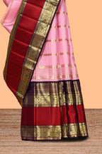 Pink striped zari design swayamvara pattu saree with contrast zari border and blouse