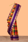 Multicolor checked motifs zari design swayamvara pattu saree with contrast zari border and blouse