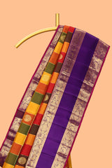 Multicolor checked motifs zari design swayamvara pattu saree with contrast zari border and blouse