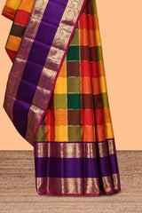 Multicolor checked motifs zari design swayamvara pattu saree with contrast zari border and blouse