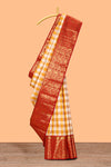 Yellow & white dual shade checked motifs zari design swayamvara pattu saree with contrast zari border and blouse