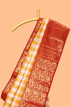 Yellow & white dual shade checked motifs zari design swayamvara pattu saree with contrast zari border and blouse