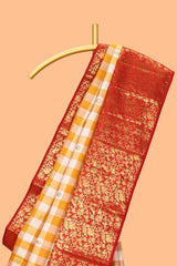 Yellow & white dual shade checked motifs zari design swayamvara pattu saree with contrast zari border and blouse