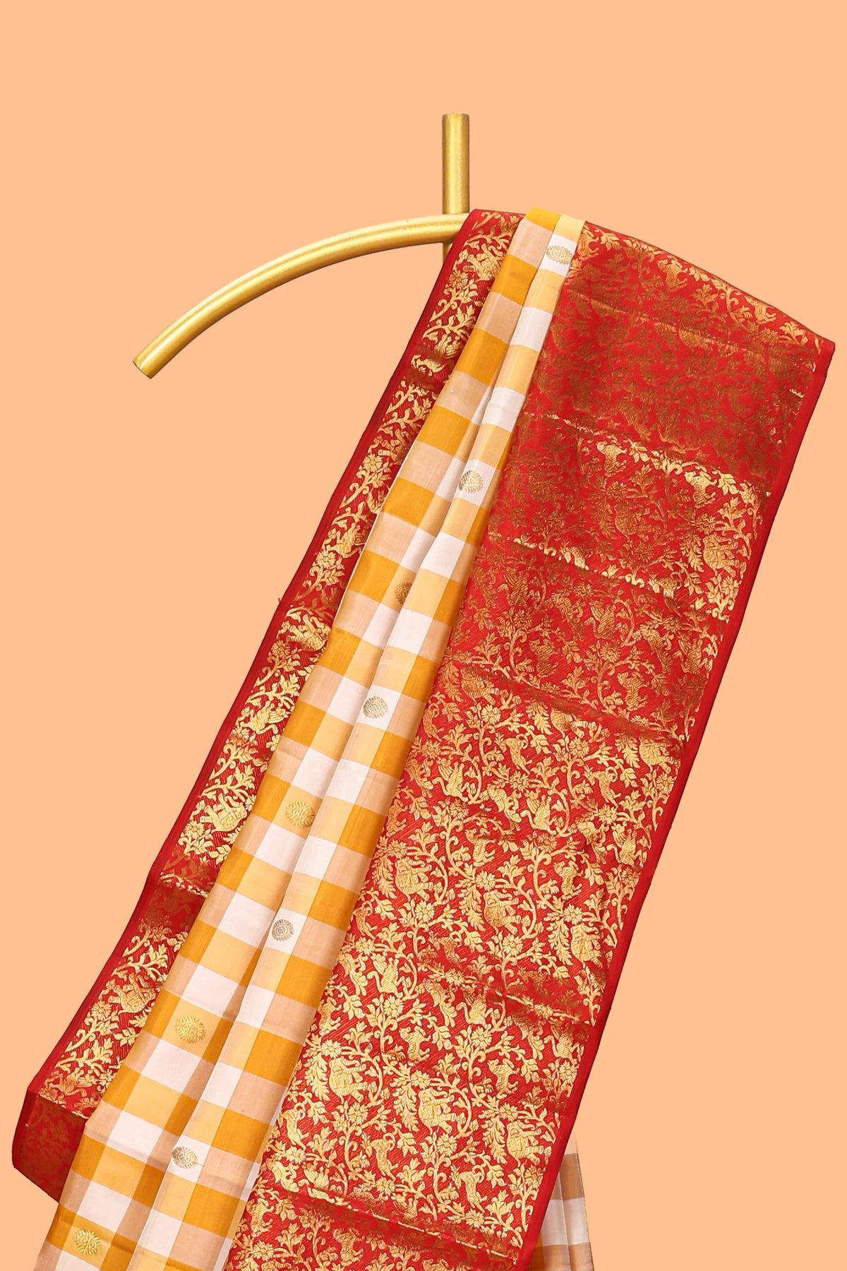 Yellow & white dual shade checked motifs zari design swayamvara pattu saree with contrast zari border and blouse