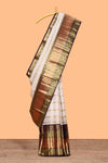 White striped zari design swayamvara pattu saree with contrast zari border and blouse