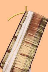 White striped zari design swayamvara pattu saree with contrast zari border and blouse
