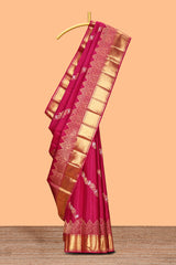 Pink floral wine horse, dear and bird zari design swayamvara pattu saree with self zari border and blouse