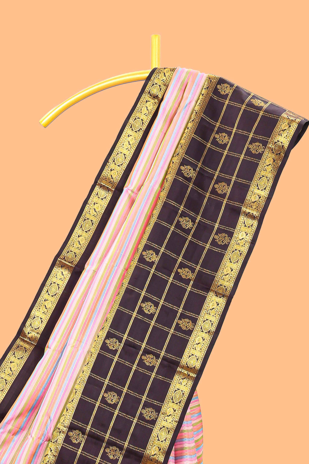 Multicolor striped swayamvara pattu saree with  contrast checked design border and blouse