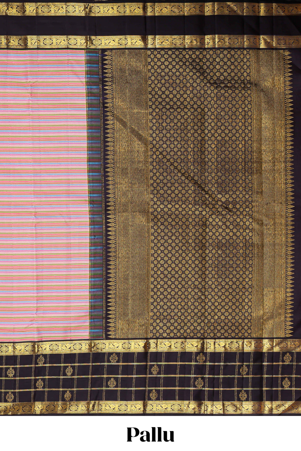 Multicolor striped swayamvara pattu saree with  contrast checked design border and blouse