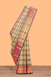 Cream checked swayamvara pattu saree withcontrast zari border and blouse