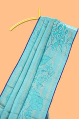 Borderless blue floral designed swayamvara pattu saree withcontrast zari pallu and blouse