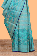 Borderless blue floral designed swayamvara pattu saree withcontrast zari pallu and blouse