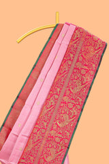 Light pink floral zari butta designed swayamvara pattu saree with contrast floral zari design border and pallu along with plain blouse