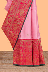 Light pink floral zari butta designed swayamvara pattu saree with contrast floral zari design border and pallu along with plain blouse