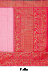 Light pink floral zari butta designed swayamvara pattu saree with contrast floral zari design border and pallu along with plain blouse