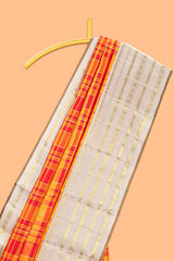 Yellow checked and butta designed swayamvara pattu saree with contrast border with zari stripes and pallu comes with cream color plain blouse
