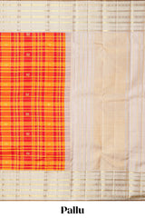 Yellow checked and butta designed swayamvara pattu saree with contrast border with zari stripes and pallu comes with cream color plain blouse