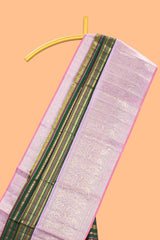 Dark green zari striped swayamvara pattu saree with contrast lavender zari border and pallu comes with plain blouse