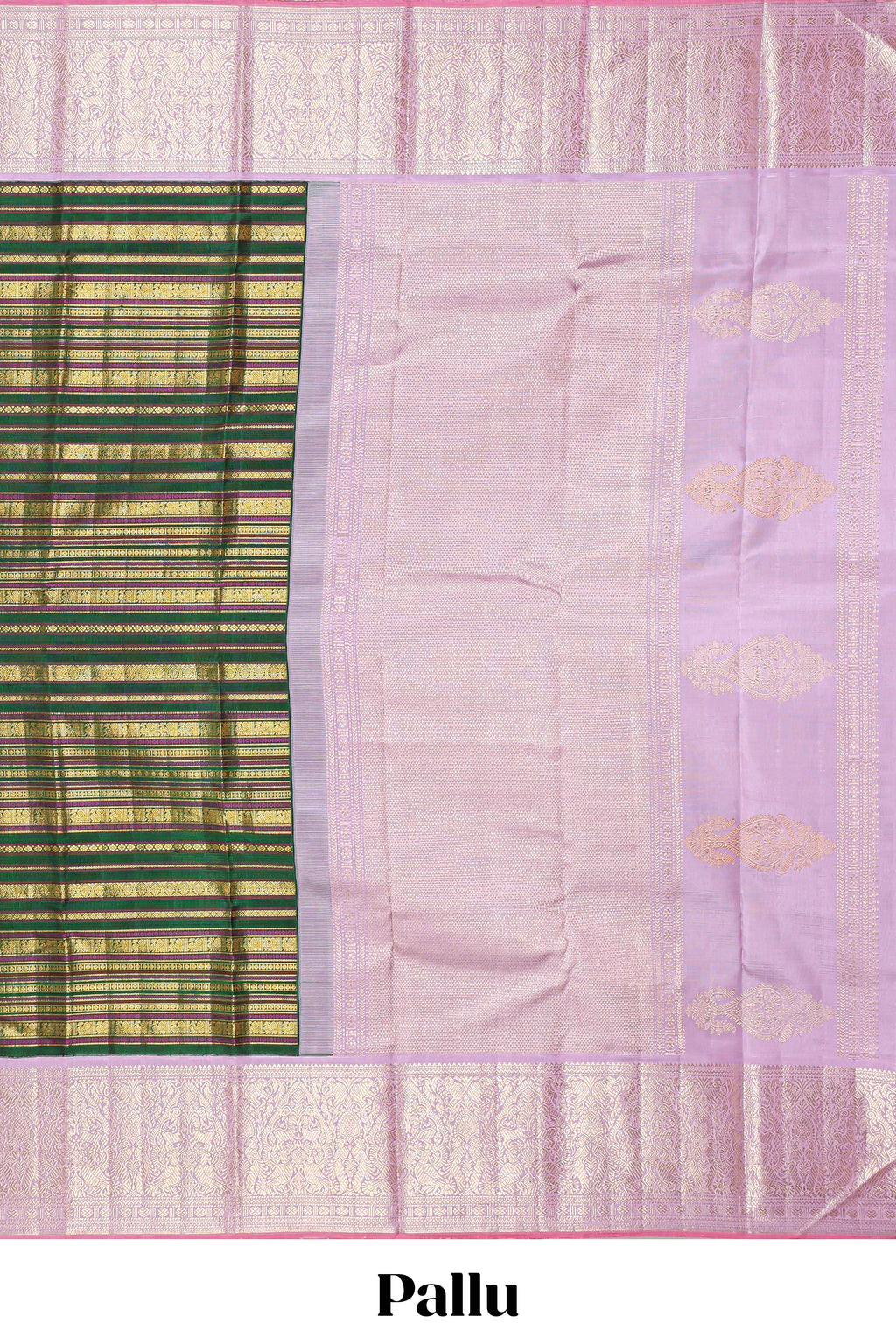 Dark green zari striped swayamvara pattu saree with contrast lavender zari border and pallu comes with plain blouse