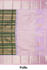 Dark green zari striped swayamvara pattu saree with contrast lavender zari border and pallu comes with plain blouse