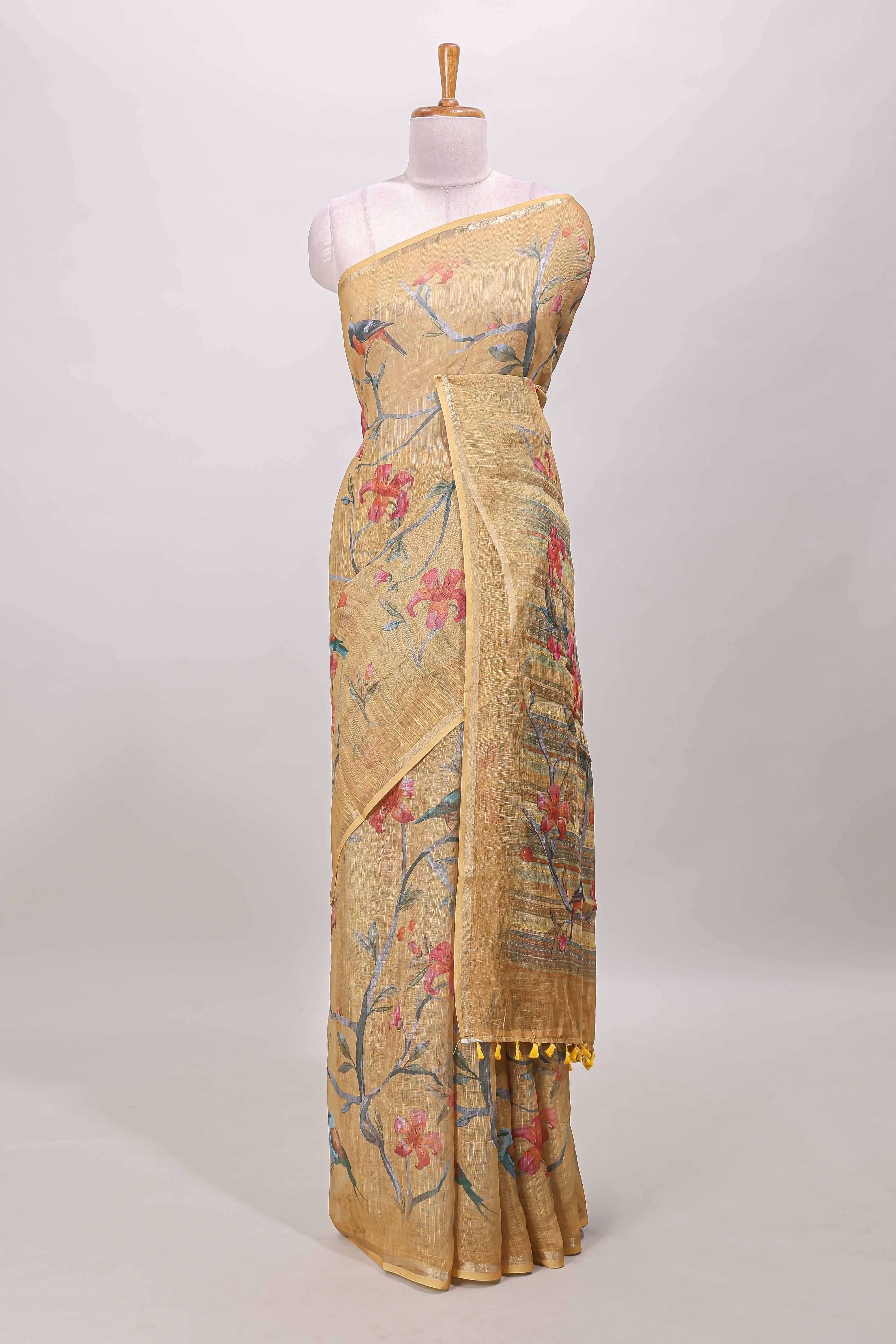  Sandal birds floral linen cotton saree