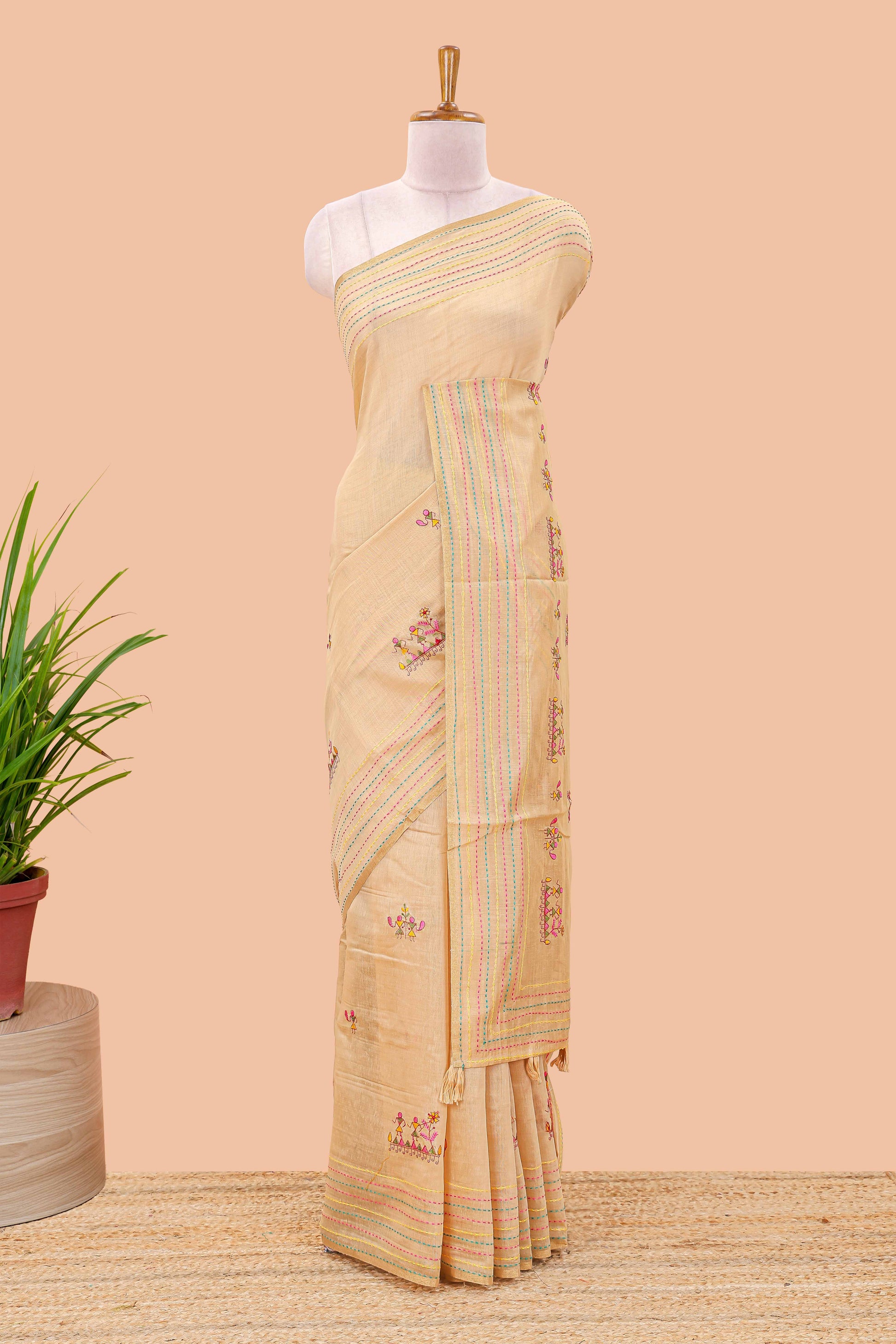 Sandal chanderi cotton saree warli style embroidery
