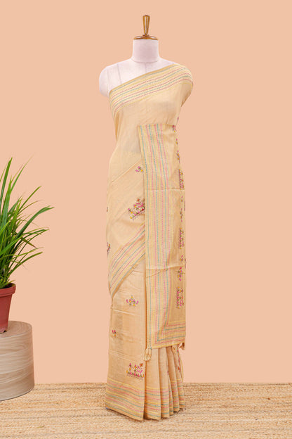Sandal chanderi cotton saree warli style embroidery