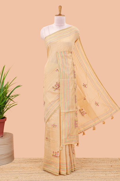 Sandal chanderi cotton saree warli tribal couple embroidery