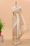 Sandal checked chanderi cotton saree with floral and animal motifs