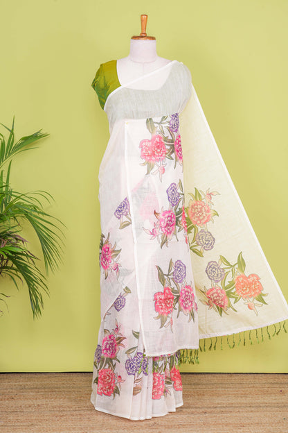 Sandal floral linen cotton saree