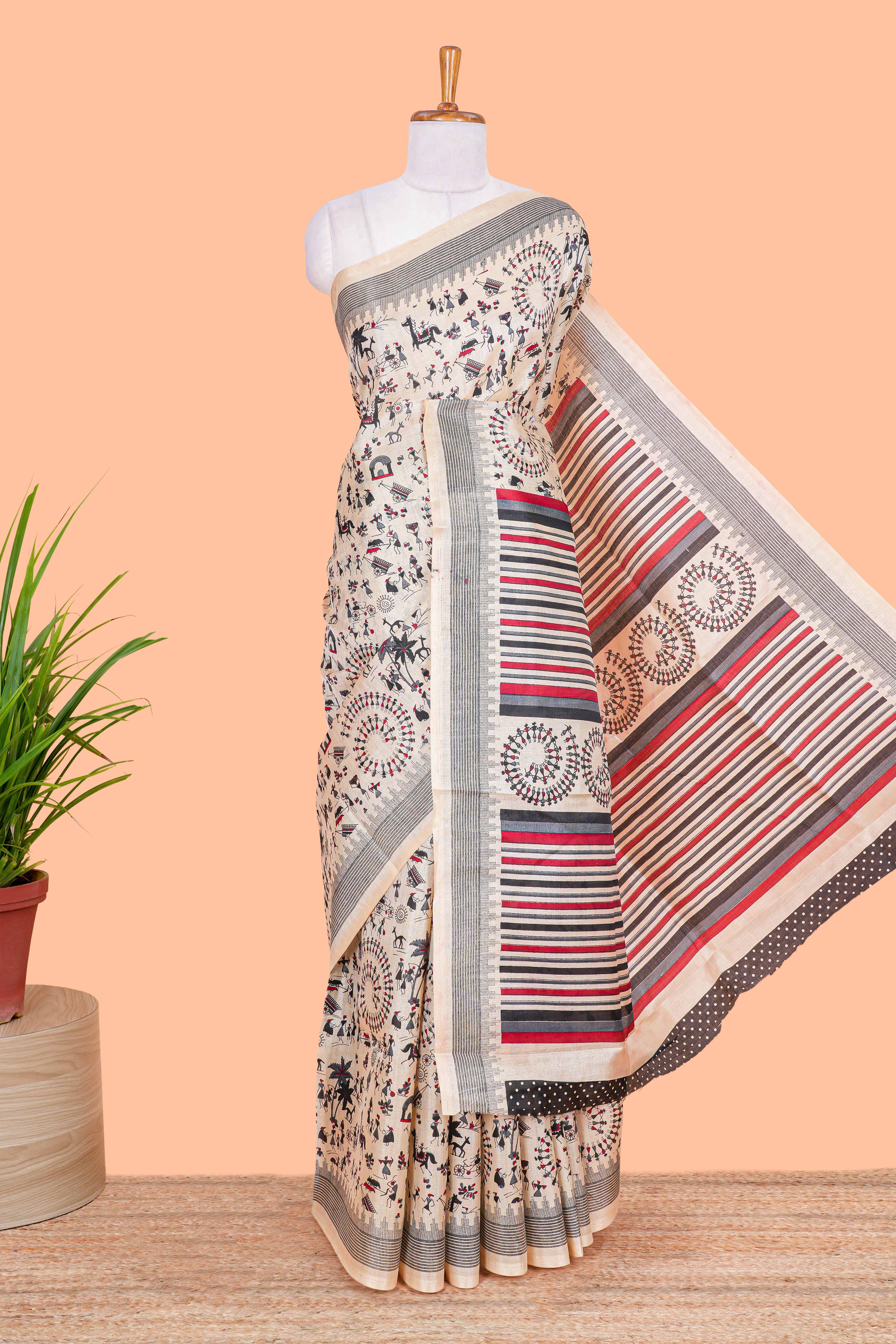 Sandal khadi cotton warli saree