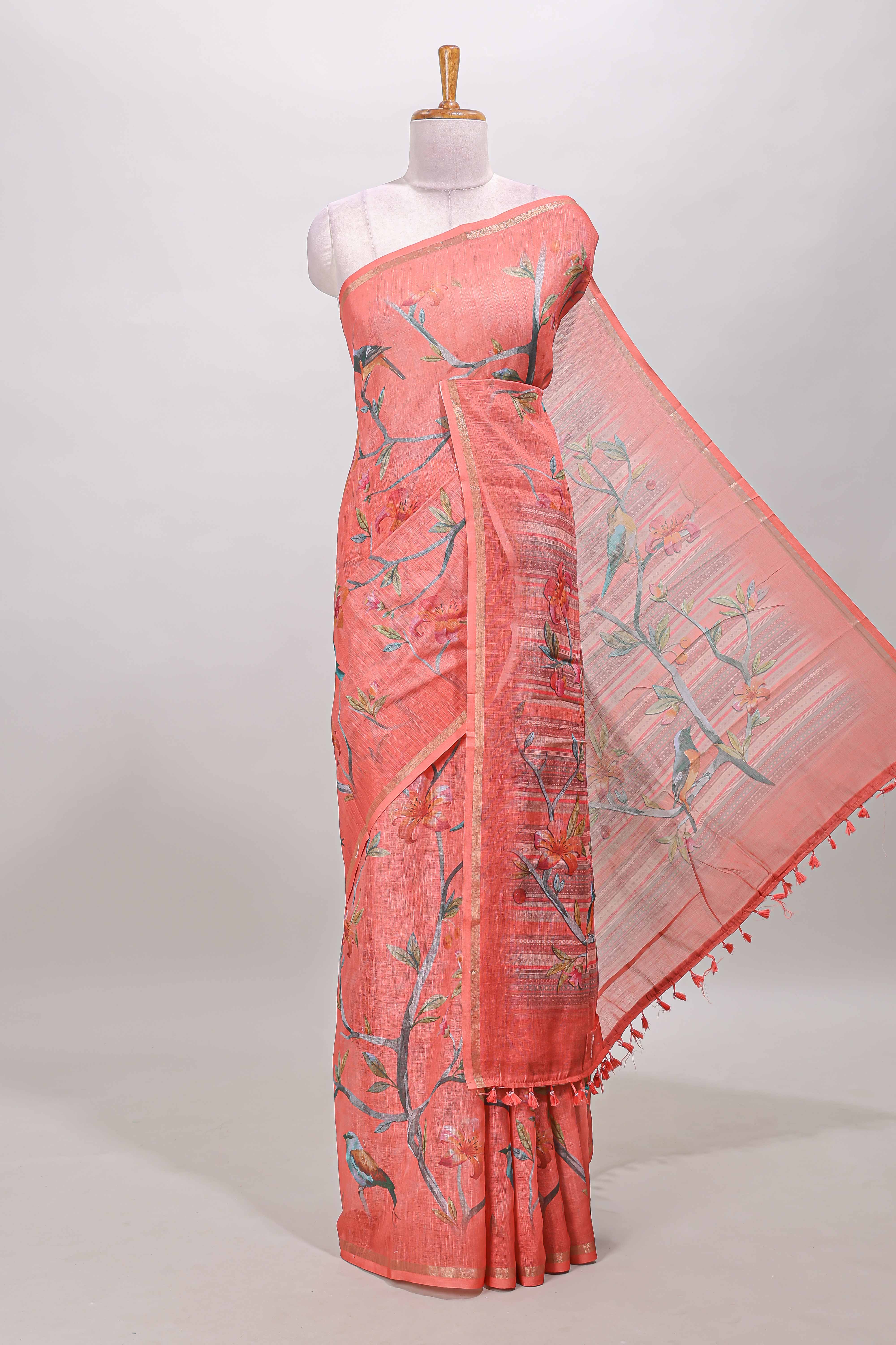 Sandal linen cotton saree with floral birds
