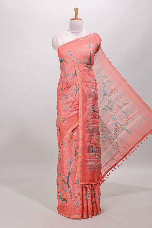 Sandal linen cotton saree with floral birds