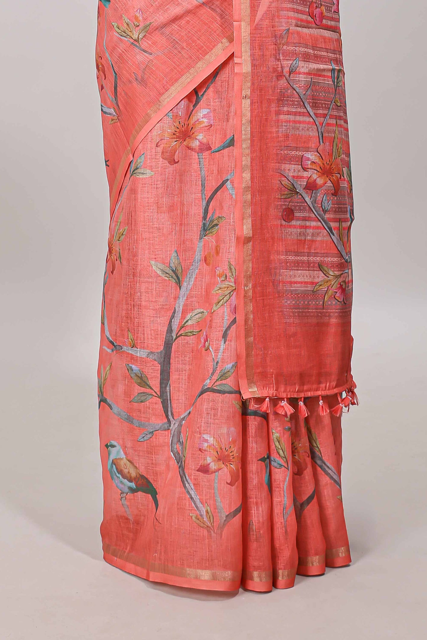 Sandal saree with nature print pallu