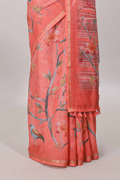 Sandal saree with nature print pallu