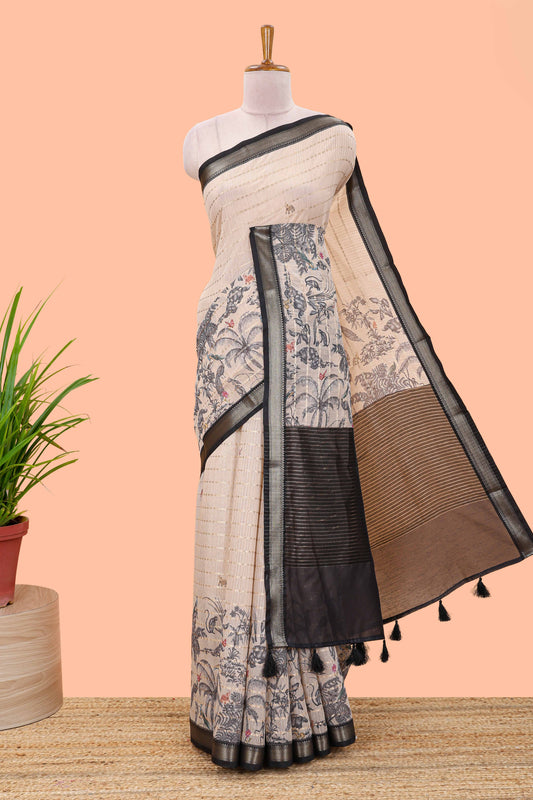 Sandal striped chanderi cotton saree with forest theme print and zari stripe pallu