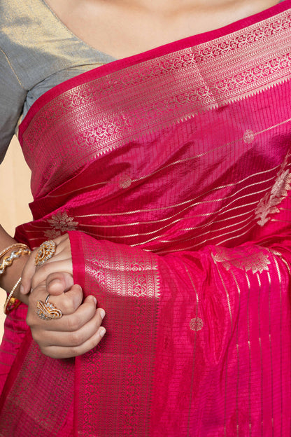 pink saree with silver zari