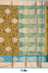 Saree with floral and geometric patterns in green, yellow, and blue
