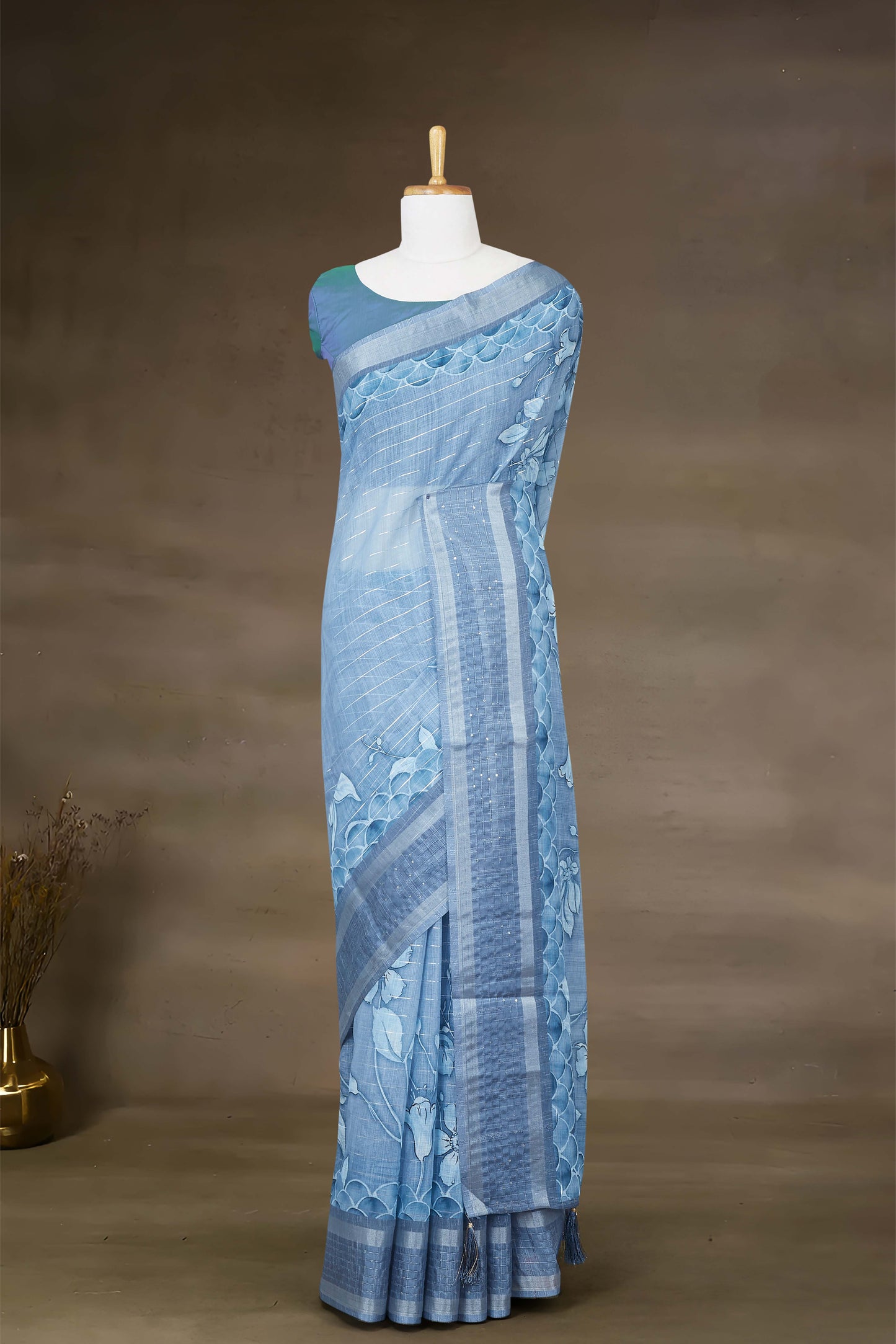 Silver border pure linen saree