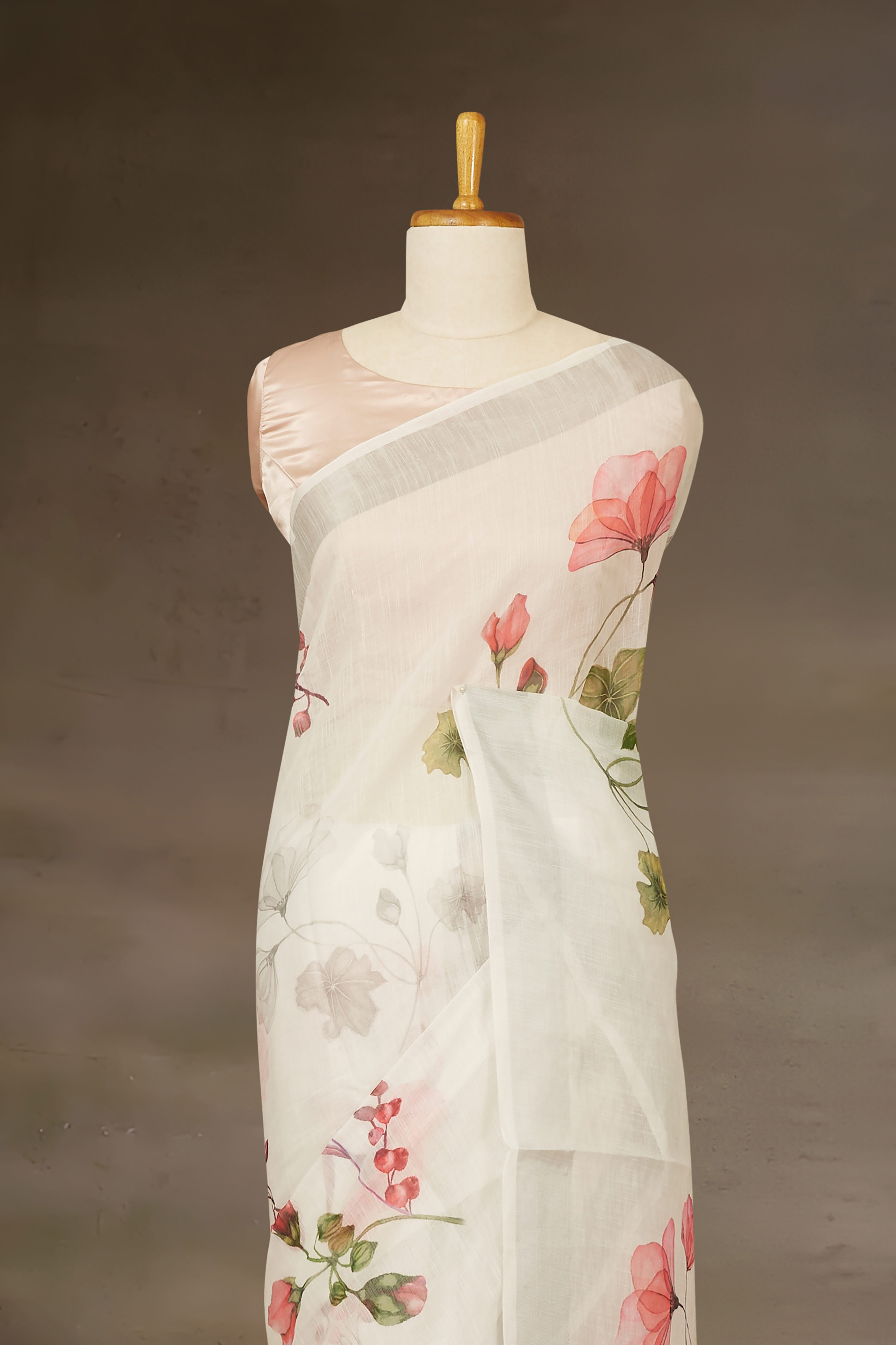 Silver border white linen Floral saree