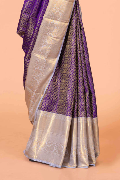 Silver silk saree with purple zari
